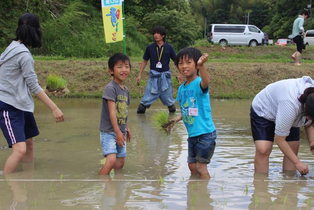 画像：苗を植える子どもたち
