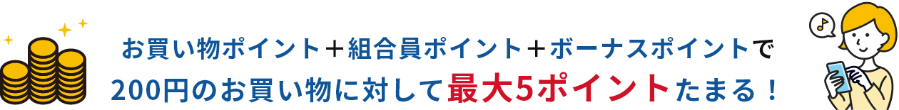 お買い物ポイント+組合員ポイント+ボーナスポイントで200円のお買い物に対して最大5ポイントたまる!